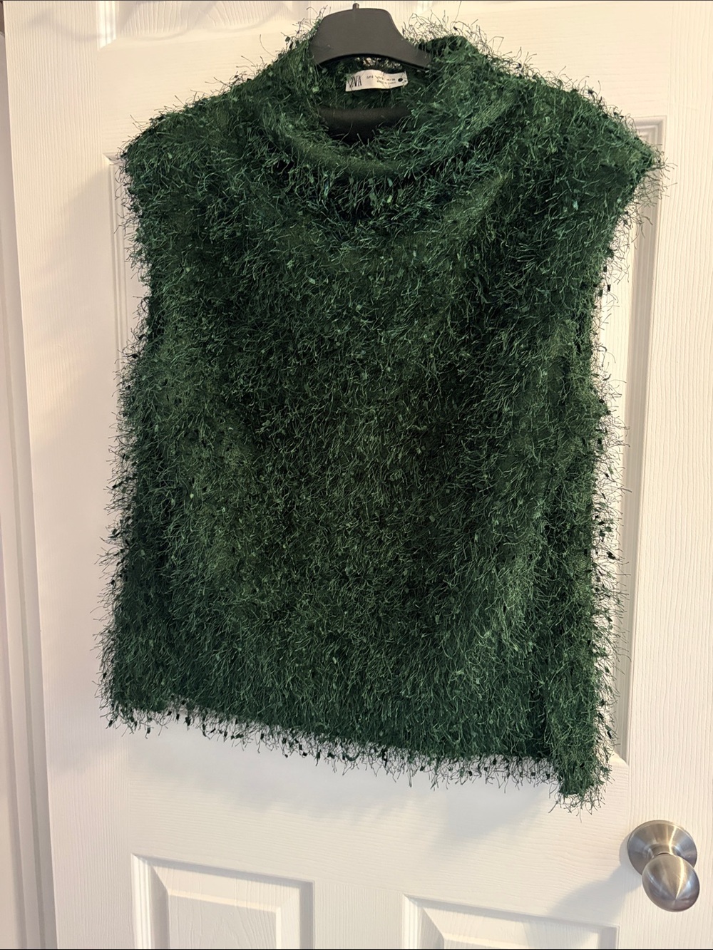 Zara Dark Green Sleeveless Eyelash Knit Mock Neck Top